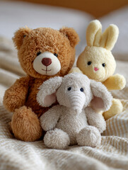 Obraz premium Stuffed bear, bunny, and elephant on a cozy bed.