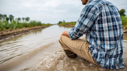 A man in a plaid shirt sits in shallow, muddy water by a ditch, checking water levels after a rainfall.