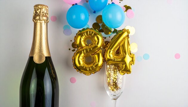 Champagne bottle and glass with number 84. Festive photo for birthday or anniversary party