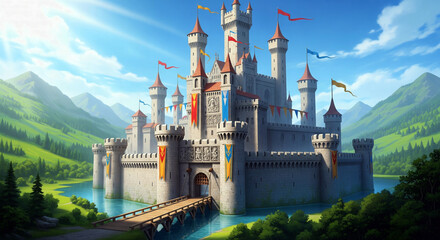 A beautiful fantasy castle with colorful flags and a drawbridge surrounded by a moat in a lush green valley