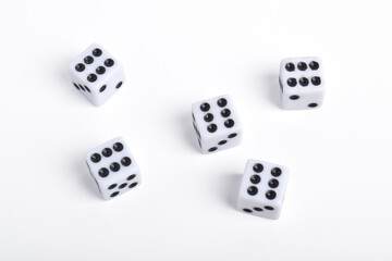 Dice isolated on white background, top view. Game cubes