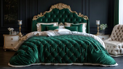 Obraz premium King bed in a luxurious master bedroom with an emerald velvet headboard, gold accents, and high-end designer bedding.