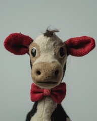 Handmade Stuffed Cow Toy with Red Bow Tie on Light Background