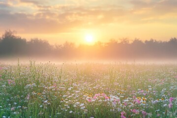 Naklejka premium Misty Summer Sunrise Over Wildflower Meadow – Serene Nature Landscape