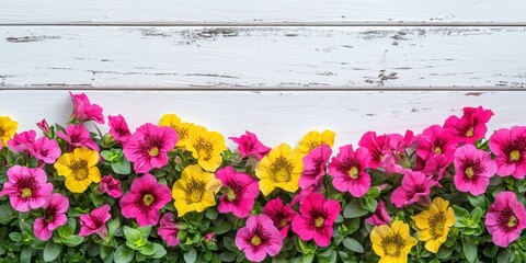 Vibrant pink and yellow flowers bloom against a rustic white wooden background, creating a cheerful and colorful display.
