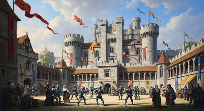 A lively medieval scene with knights training in a castle courtyard and people watching the event