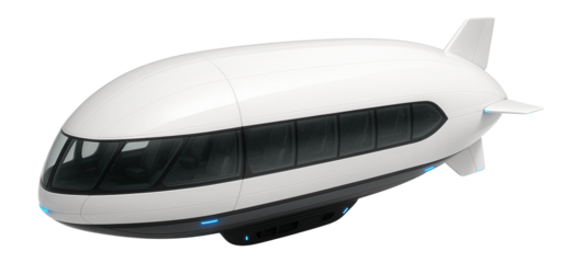 Passenger airship with panoramic windows and a sleek white exterior