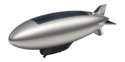 Modern airship with solar panels along the upper surface and a metallic finish