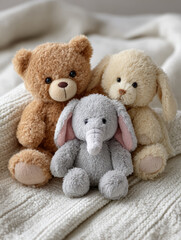 Obraz premium Three cozy stuffed animals: teddy bear, bunny, and elephant.