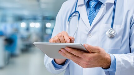 Doctor Using Tablet in a Modern Medical Facility for Patient Care and Health Management