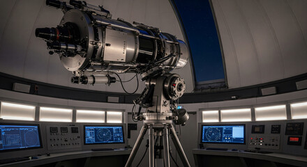 Modern astronomical observatory with a large telescope and control room desks for celestial research and stargazing