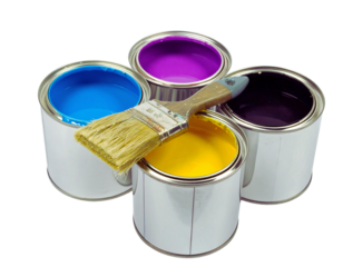 Four open paint cans with colorful paints and brush isolated on transparent background