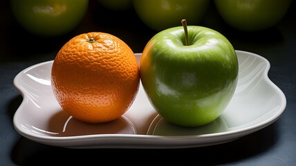 Vibrant Orange and Green Apple Resting on a Stylish White Plate Still Life Composition Fruit Freshness Nutrition