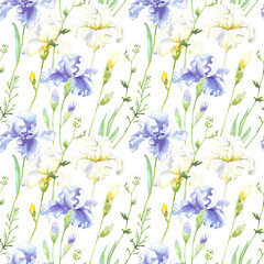 Seamless floral pattern with blue and white watercolor irises