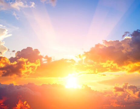 Vibrant sunset with sun rays bursting through colorful clouds - Powered by Adobe