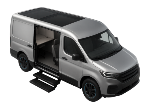 Mobile office van with retractable side steps and modular interior layout