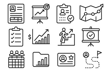 Career Productivity Icons. Line style icons of career productivity: resume builder icon, job goal chart, interview prep sheet,