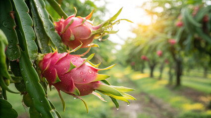 Dragon fruit hanging on tree in garden, Dragon fruit on tree in natural warm sunlight view