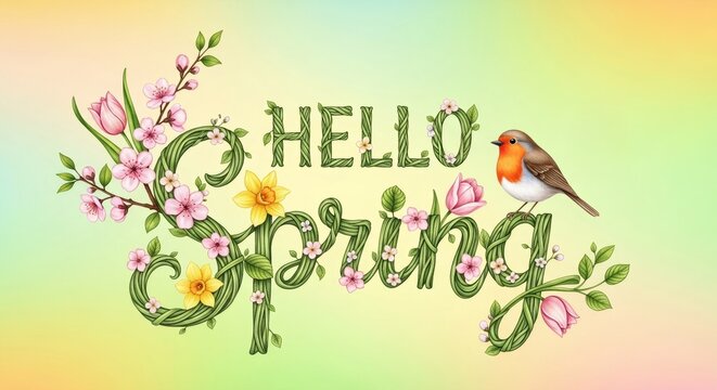 Hello spring text art with green vines, pink cherry blossom flower, yellow daffodil, tulip and robin bird. Nature season concept for greeting card. - Powered by Adobe