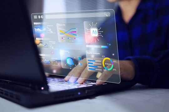 Data analyst concept with a man working on laptop computer to using artificial intelligence to information analysis and summary for support business planning and investment direction - Powered by Adobe