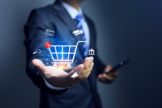 online marketing concept with businessman holding a cart represent to promotion and sale discount on digital marketing platform