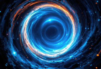 Abstract Swirling Blue Energy Vortex with Orange Light on Black