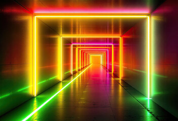 Neon Lit Tunnel with Rectangular Frames of Yellow, Red and Green
