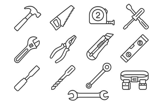 Construction Tool Icons. Line style icons of basic construction tools: hammer icon, handsaw icon, measuring tape, screwdriver icon