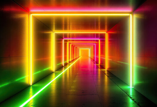 Neon Lit Tunnel with Rectangular Frames of Yellow, Red and Green - Powered by Adobe