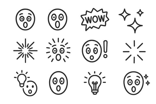 Amazed Reaction Icons. Line style icons of surprise and amazement: eyes wide open, jaw drop, wow bubble, sparkles icon, magic