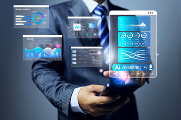 data analysis concept with businessman using portable devices or smartphone as anlytics assistant to help him summary or information conclusion for business direction decision