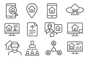 Real Estate Tech Icons. Line style icons of real estate tech: property search app, map pin icon, mobile listing, 3D tour, online