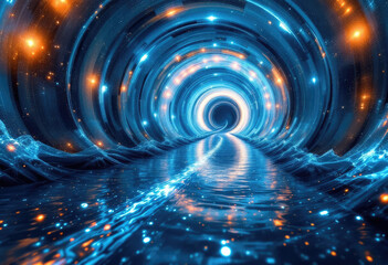 Glowing Blue Tunnel with Reflections on Water Abstract