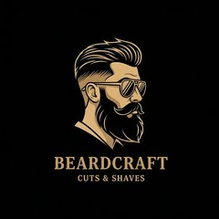 Stylish Gold Profile Illustration Bearded Man in Sunglasses, Classic Barber Shop Logo Design, Vintage Aesthetic.