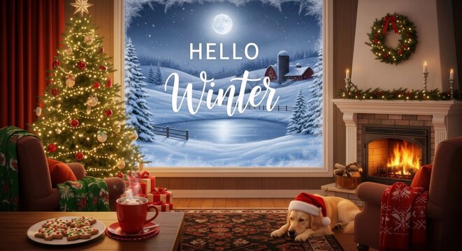 Christmas living room with cozy fireplace and snow landscape outside the window. Hello Winter holiday concept for greeting card.