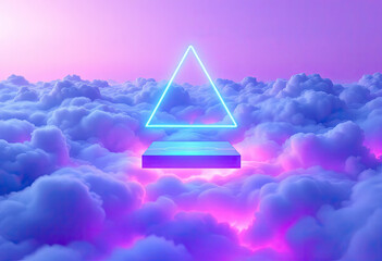 Glowing Neon Triangle on Platform Above Fluffy Purple Clouds