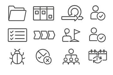 Project Management Icons. Line style icons of project and task management: project folder, kanban board, backlog icon, sprint icon