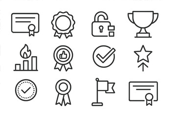 Achievement Icons Collection. Line style icons of certifications and achievements: certificate icon, badge of completion, skills