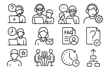Student Support Icons. Line style icons of student support: help desk icon, tutor support, live chat with mentor, technical