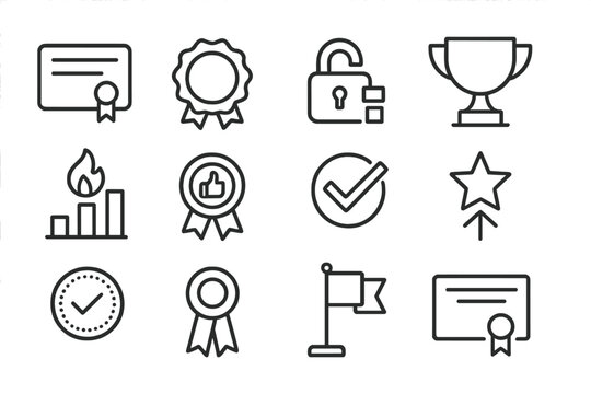Achievement Icons Collection. Line style icons of certifications and achievements: certificate icon, badge of completion, skills