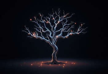 Stylized Silver Tree with Glowing Orbs on Transparent Background