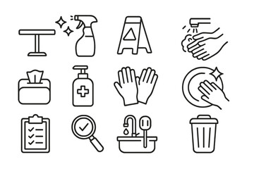 Cleaning Icons Set. Line style icons of cleaning and hygiene: clean table icon, sanitized spray, wet floor sign, wash hands icon,