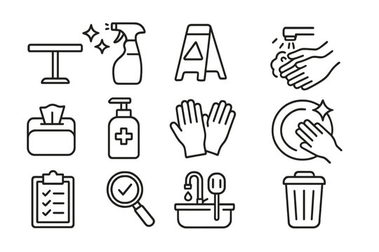 Cleaning Icons Set. Line style icons of cleaning and hygiene: clean table icon, sanitized spray, wet floor sign, wash hands icon,
