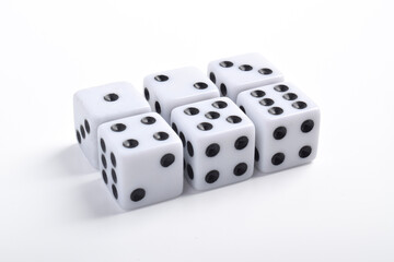 Six clean dices with Numbers 1, 2, 3, 4, 5, 6, isolated on white background
