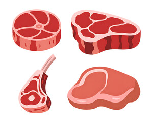 Assortment of raw meat cuts including steak and chop isolated on transparent background