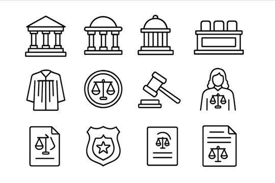 Judiciary Icons Line Style. Line style icons of judiciary symbols: supreme court icon, appellate court icon, federal court icon,