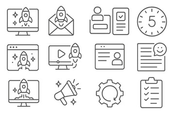 Startup Launch Icons. Line style icons of startup product launch: product teaser, launch email icon, waiting list signup,