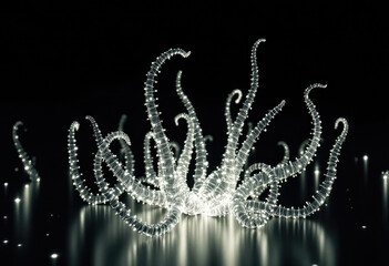 Glowing Tentacles Abstract Shape Lighted on Dark Reflective Surface