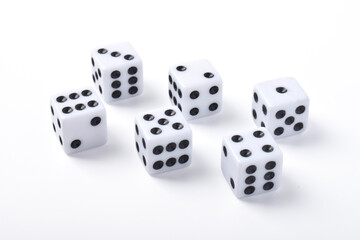 Six clean dices with Numbers 1, 2, 3, 4, 5, 6, isolated on white background
