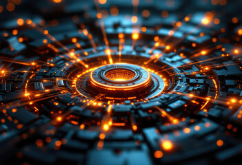 Abstract Technology Core with Glowing Orange Light and Dark Blue Circuitry